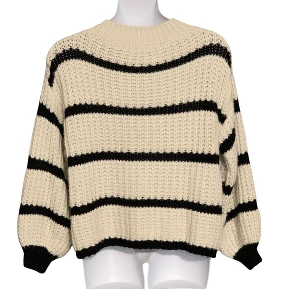 Kori America Sweater Size Medium Slouchy Boxy Ivory Black Striped Balloon Sleeve - Picture 9 of 10